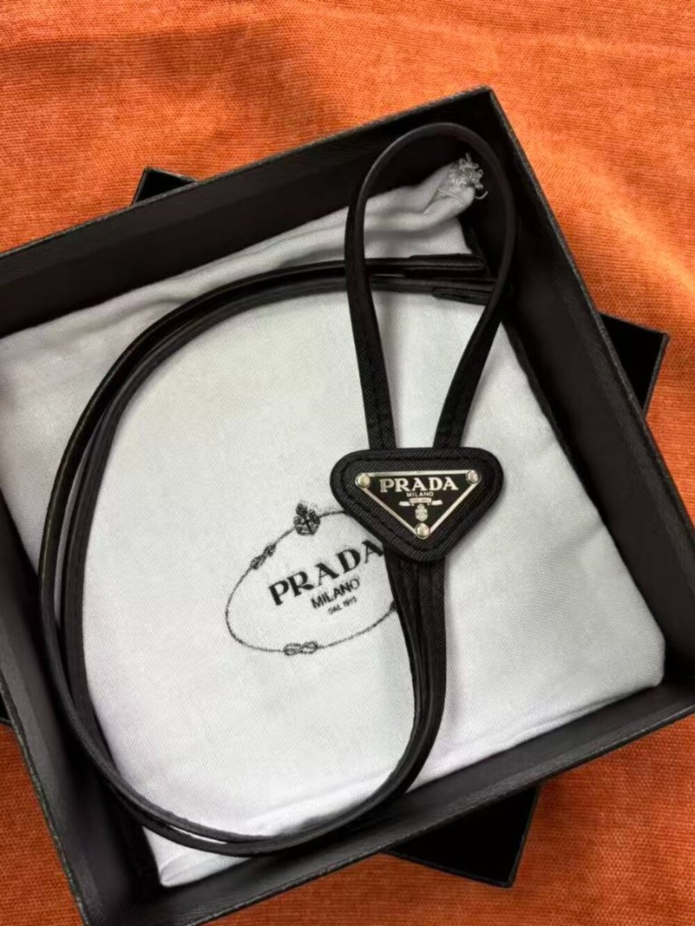✨ Prada Black Tie with Triangle Logo – Unisex – Gift Box Packaging